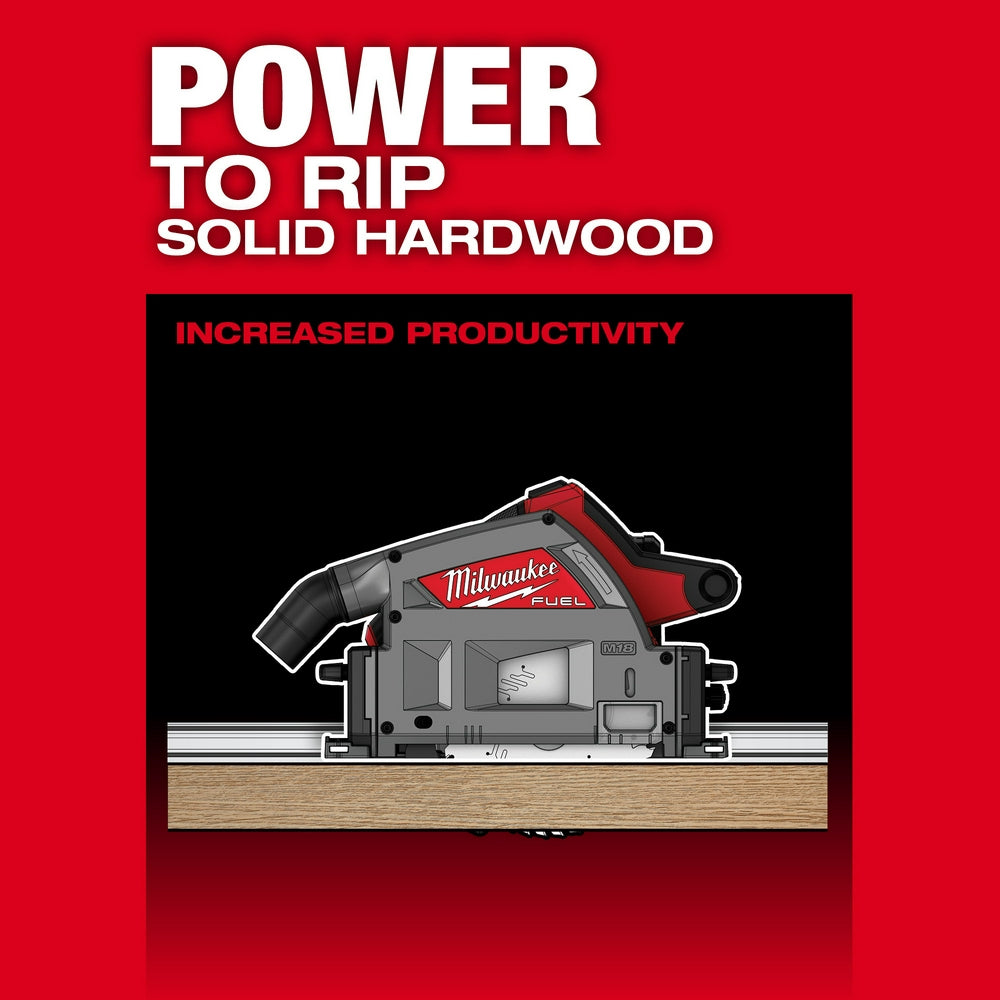 Milwaukee M18 FUEL plunge track saw with red and gray housing positioned on aluminum track above wood surface.