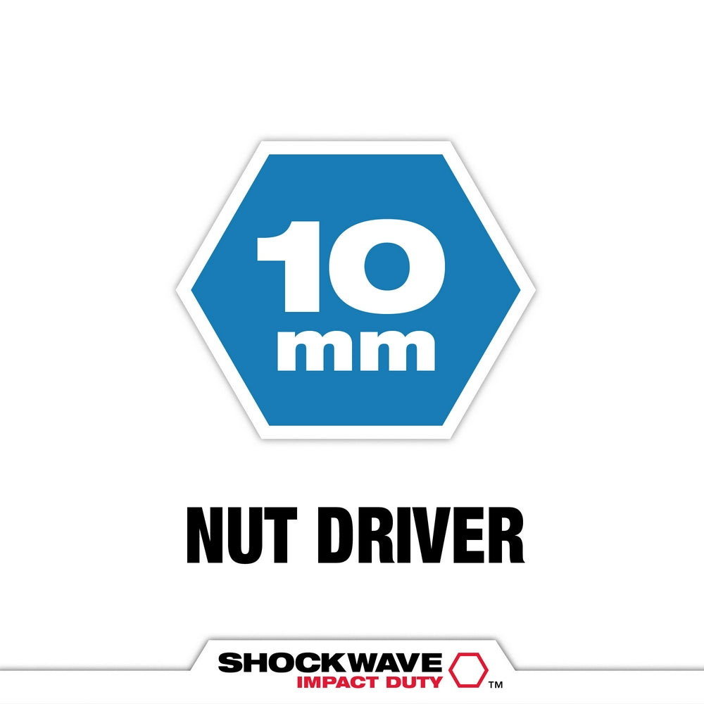 Blue hexagonal nut driver with 10mm size marking and Shockwave Impact Duty branding.