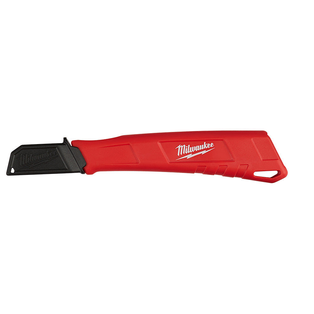 Red and black Milwaukee lineman underground knife with retractable blade and thumb hole.