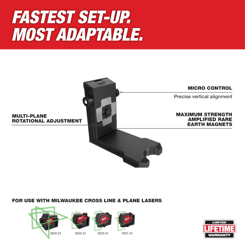 Black laser bracket with magnetic base, micro control knob, and rotational adjustment for Milwaukee cross-line and plane lase