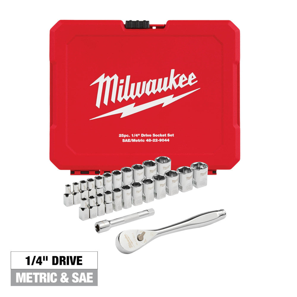Milwaukee 25-piece 1/4" drive socket set with ratchet and extension in red carrying case.
