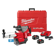 Milwaukee M18 FUEL rotary hammer with SDS Plus chuck, dust extractor, two batteries, charger, and red carrying case.