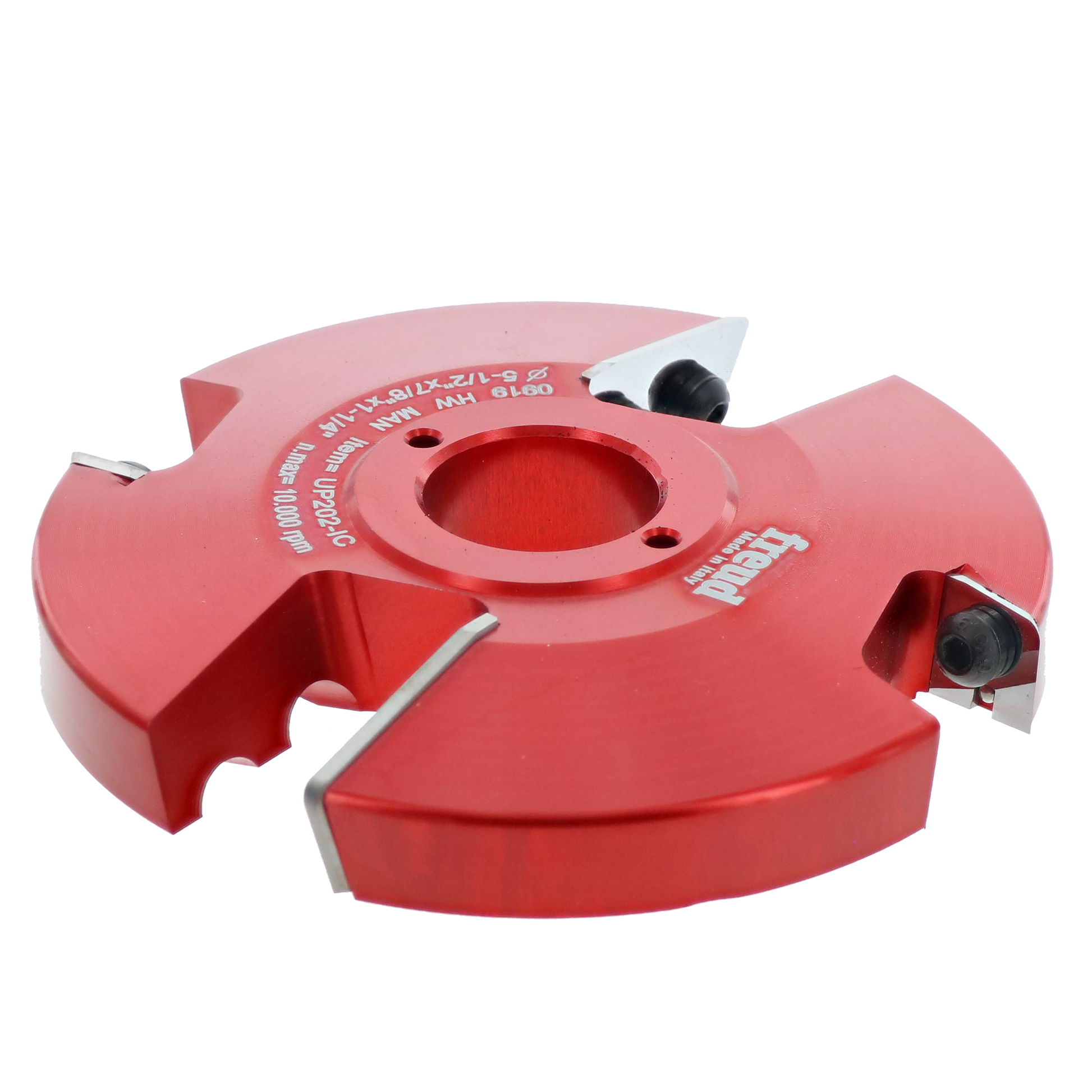 Red router cutter head with four cutting edges and central bore, mounted with carbide inserts.