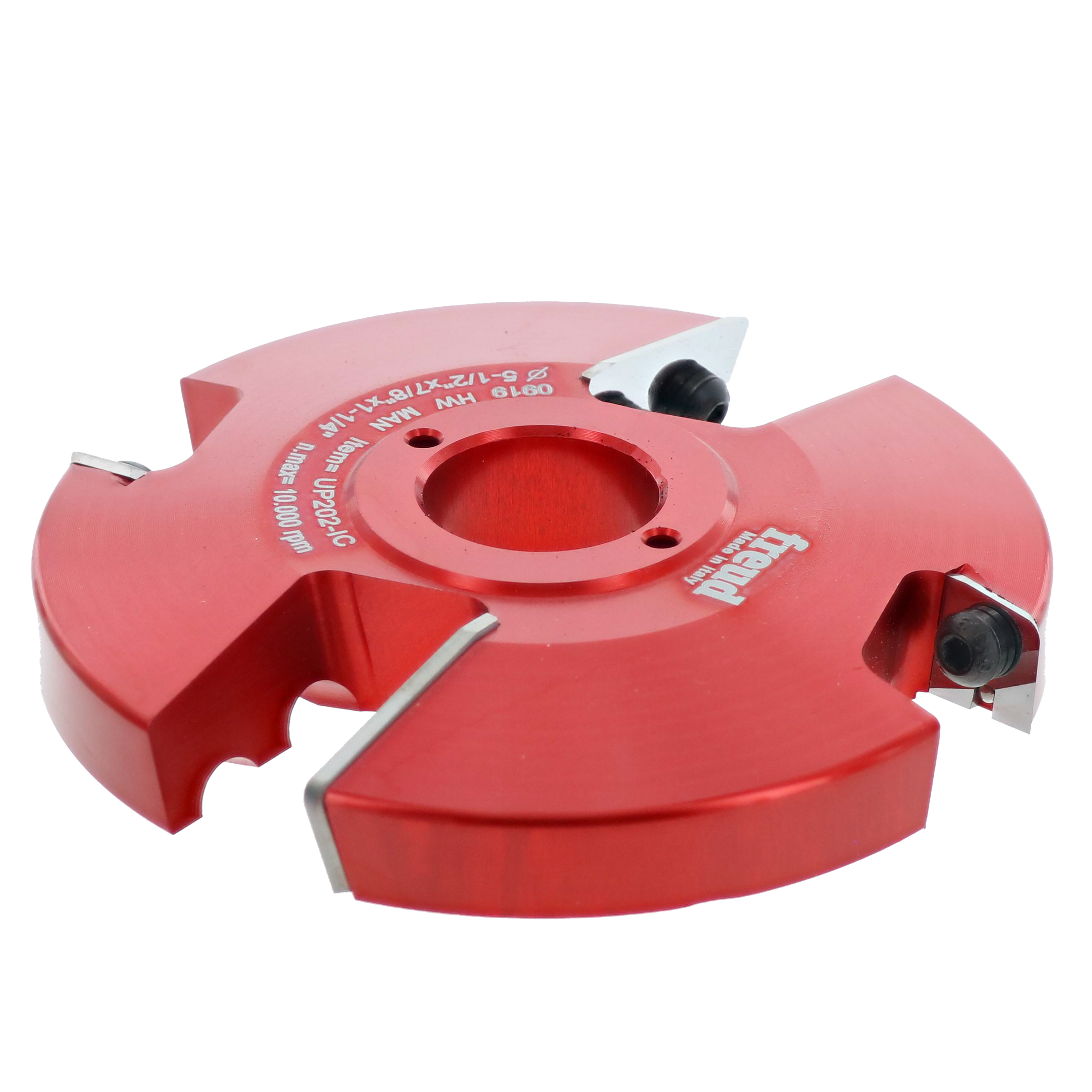 Red router cutter head with four cutting edges and central bore, mounted with carbide inserts.
