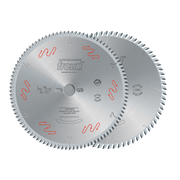 Freud circular saw blade with silver finish, red wavy markings, and fine teeth around the perimeter for crosscutting.