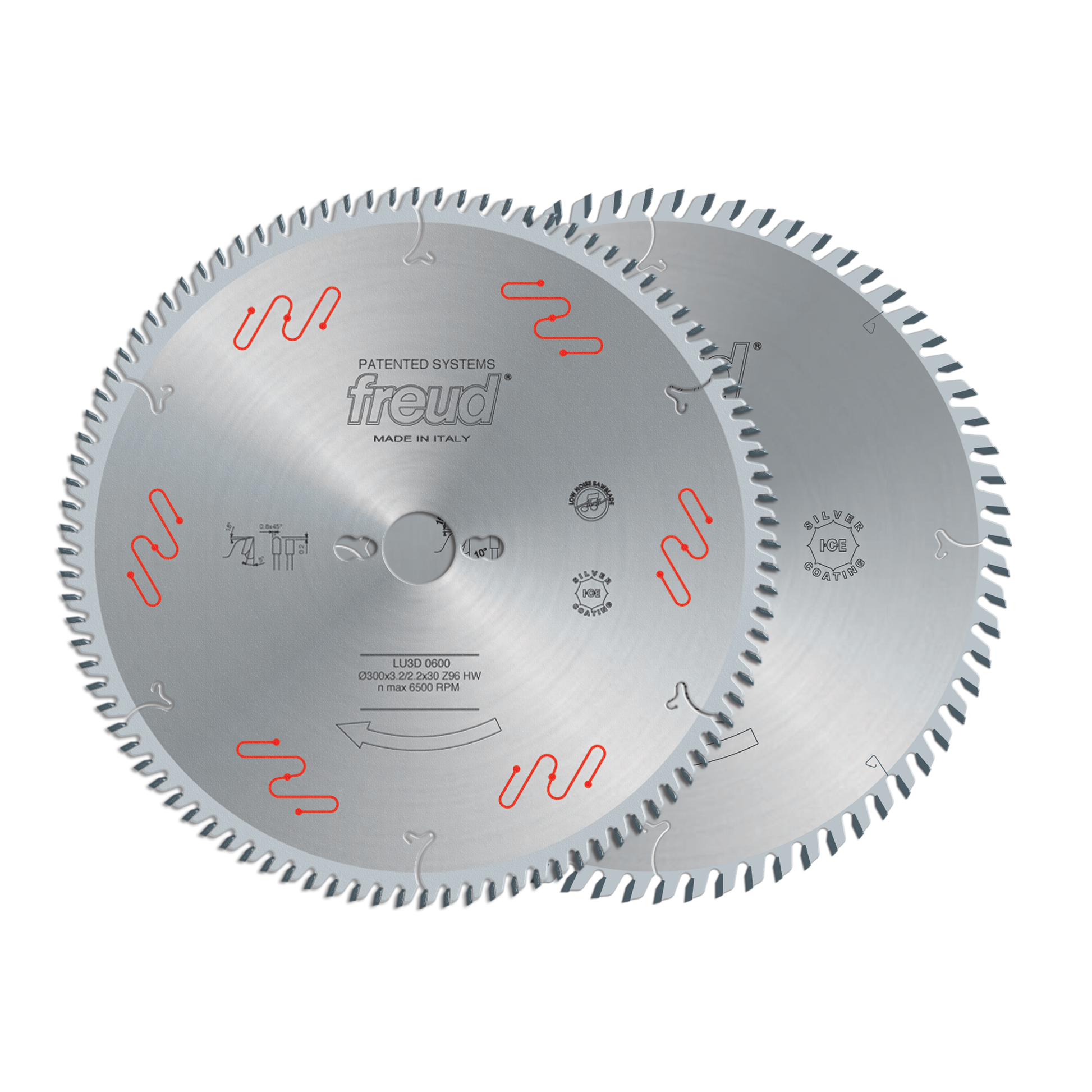 Freud circular saw blade with silver finish, red wavy markings, and fine teeth around the perimeter for crosscutting.