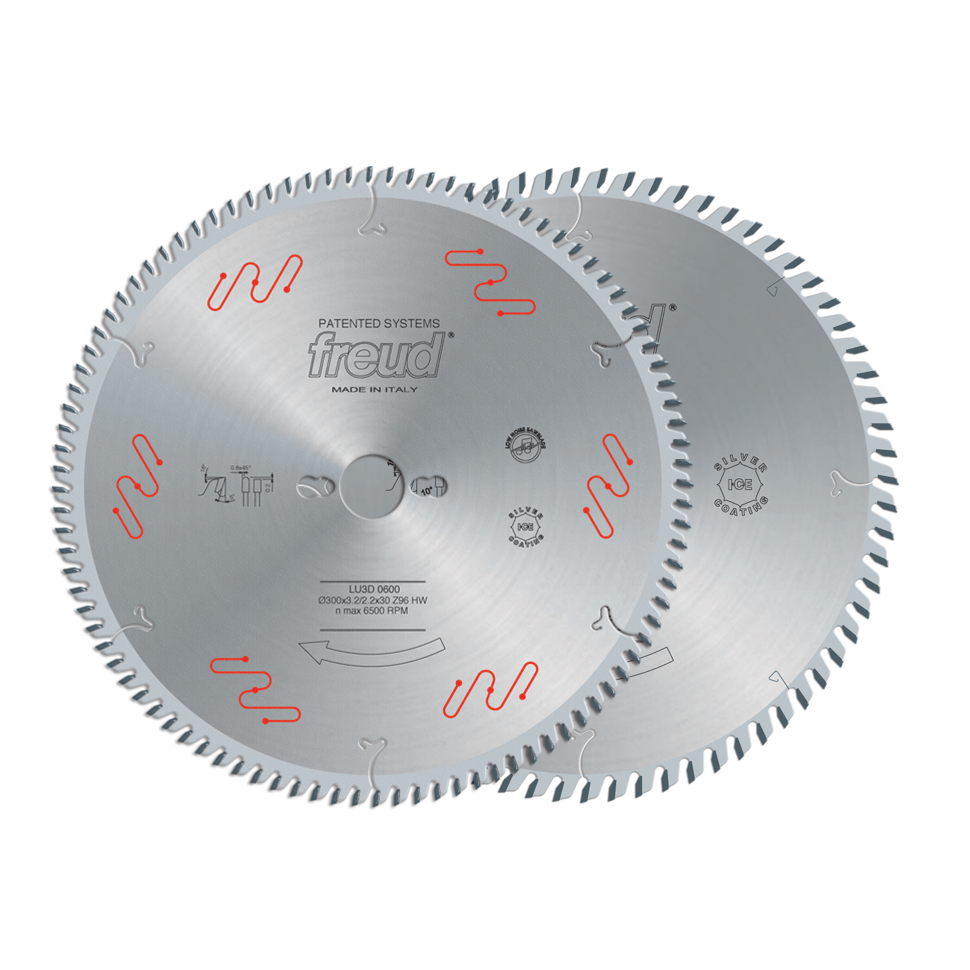 Freud circular saw blade with silver finish, red wavy markings, and fine teeth around the perimeter for crosscutting.