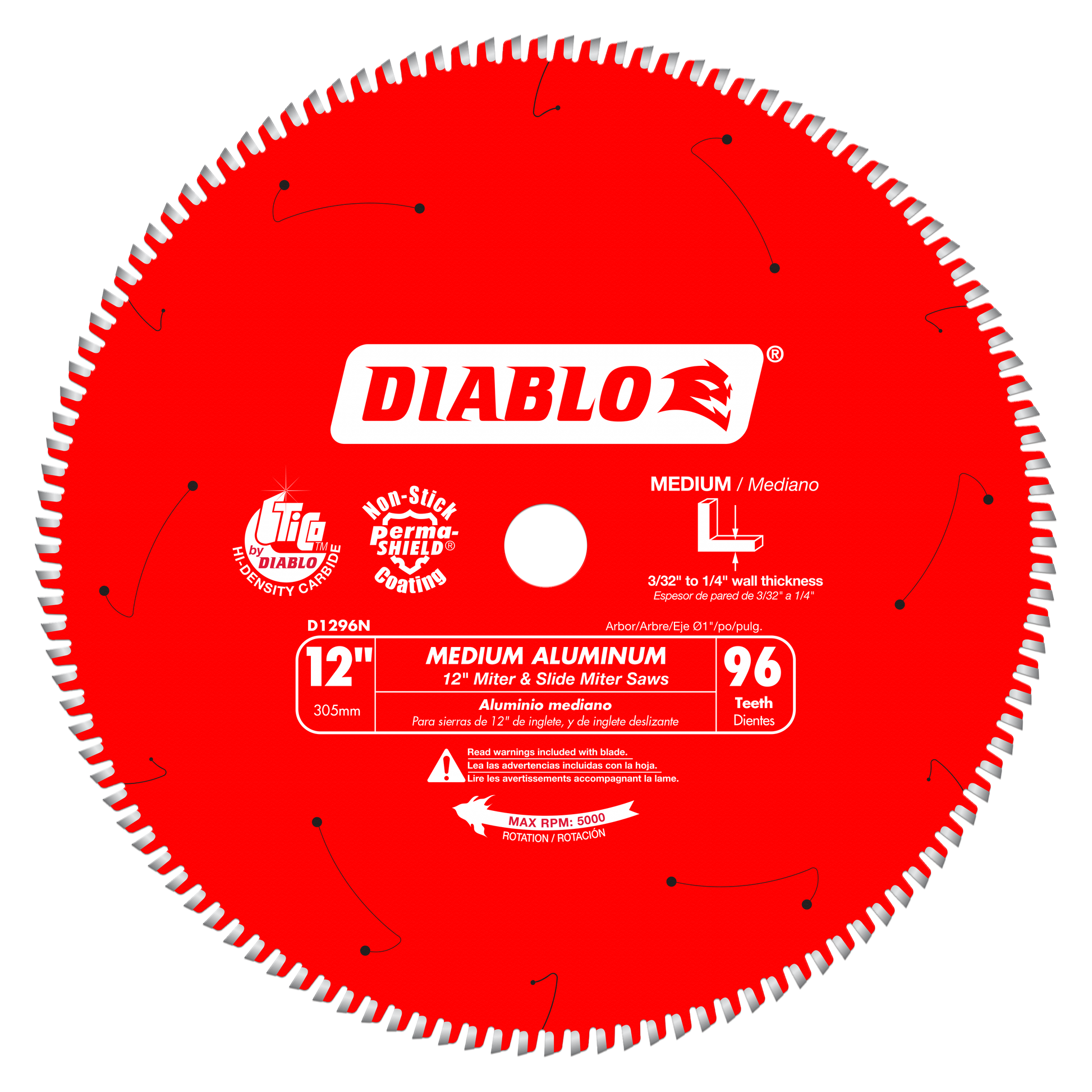 Red circular saw blade with white tooth edges and center arbor hole, labeled Diablo D1296N 12-inch 96 tooth medium aluminum.
