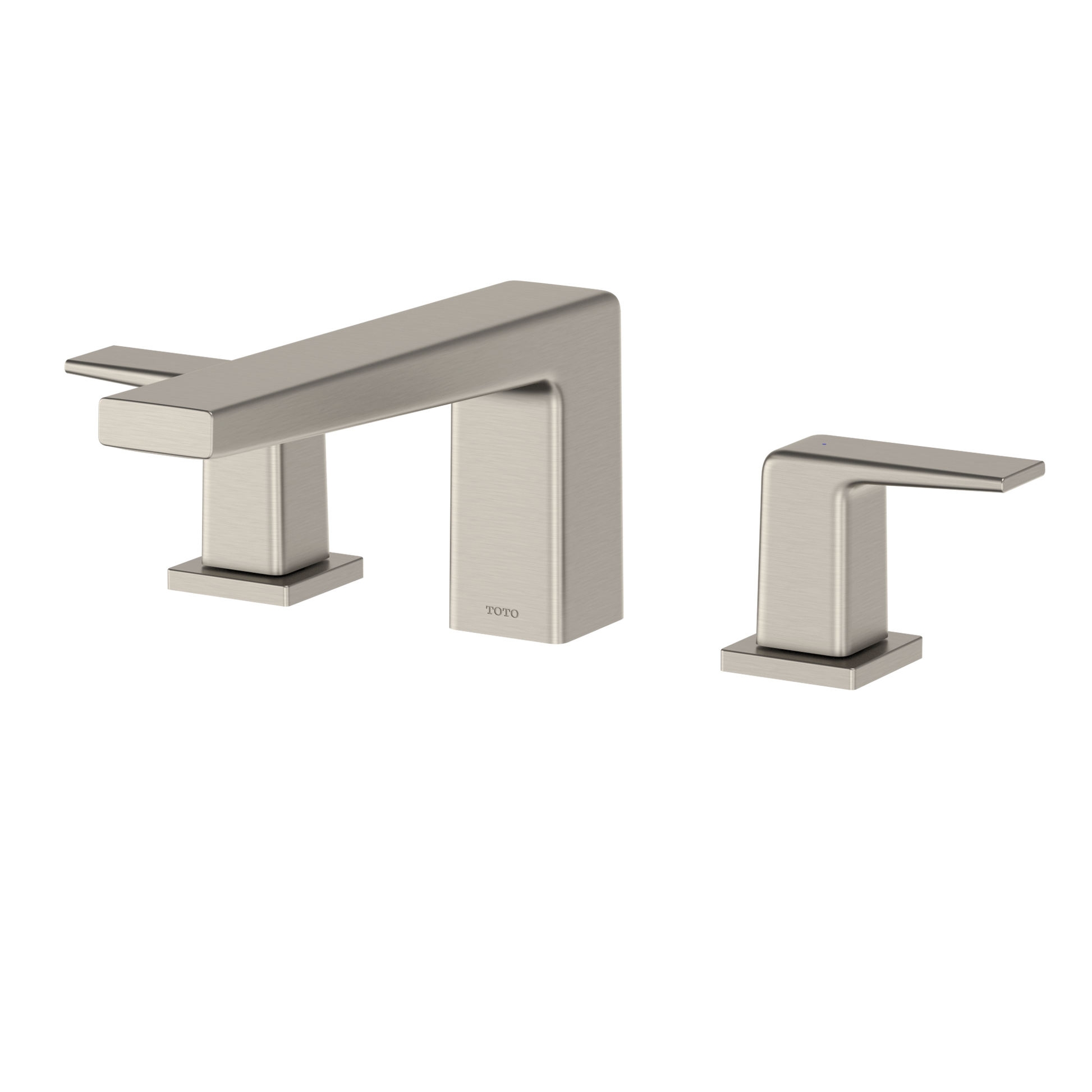 Brushed nickel two-handle roman tub filler with curved spout and square handles mounted on deck.