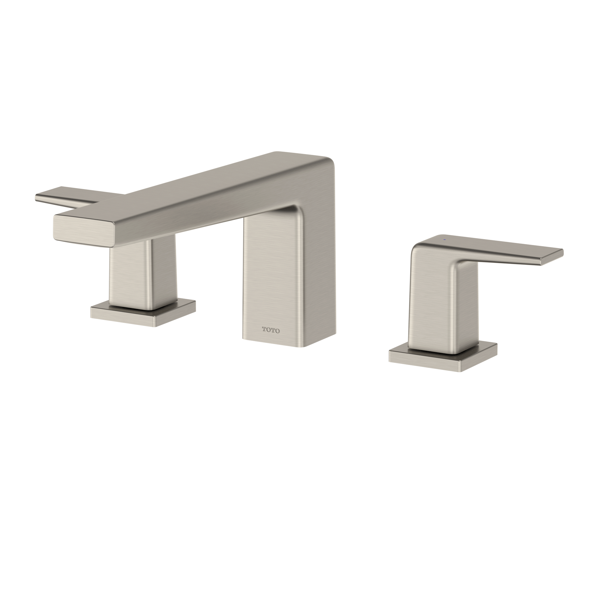 Brushed nickel two-handle roman tub filler with curved spout and square handles mounted on deck.