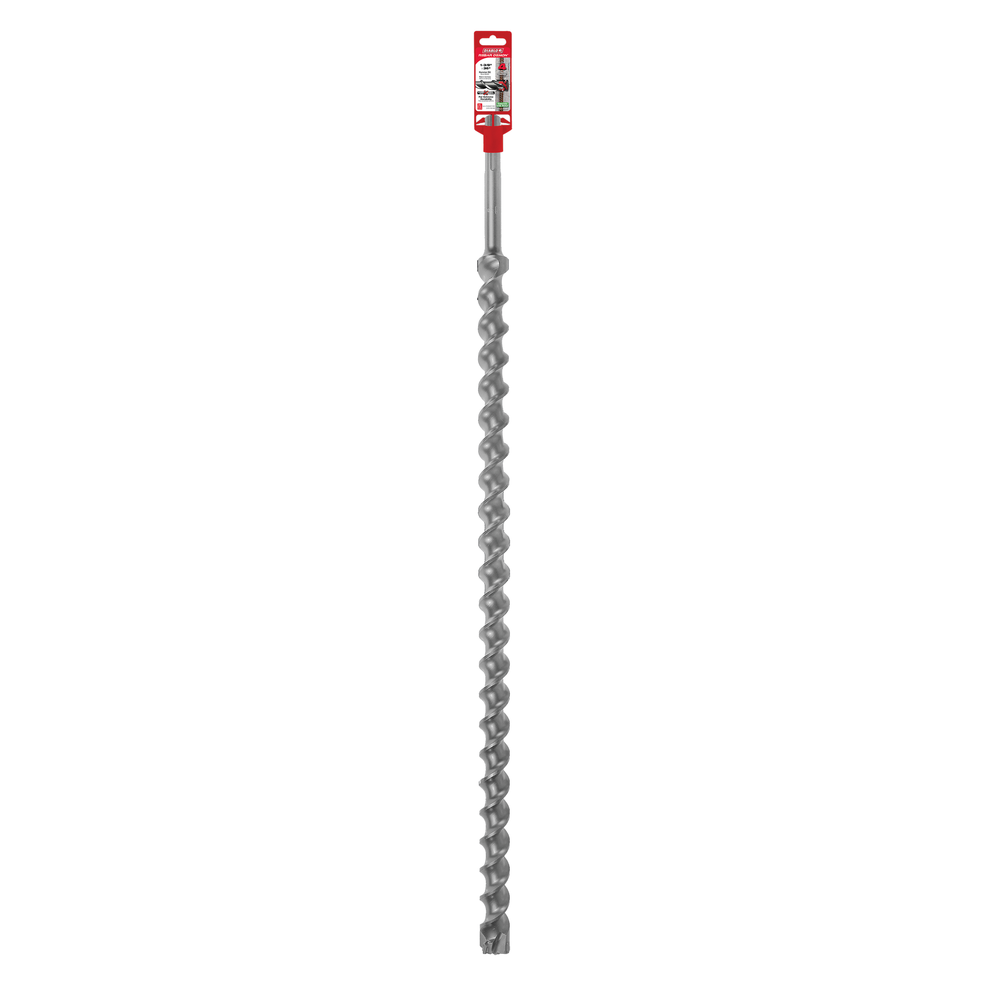 Long gray SDS-Max hammer drill bit with carbide-tipped spiral flutes and red packaging label at top.