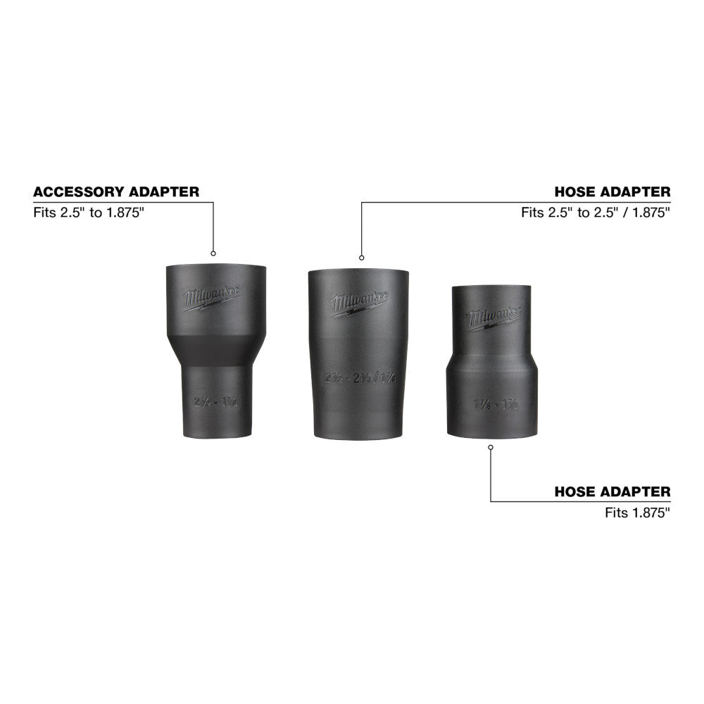 Three black Milwaukee metal adapter components with varying diameters for hose and accessory connections.