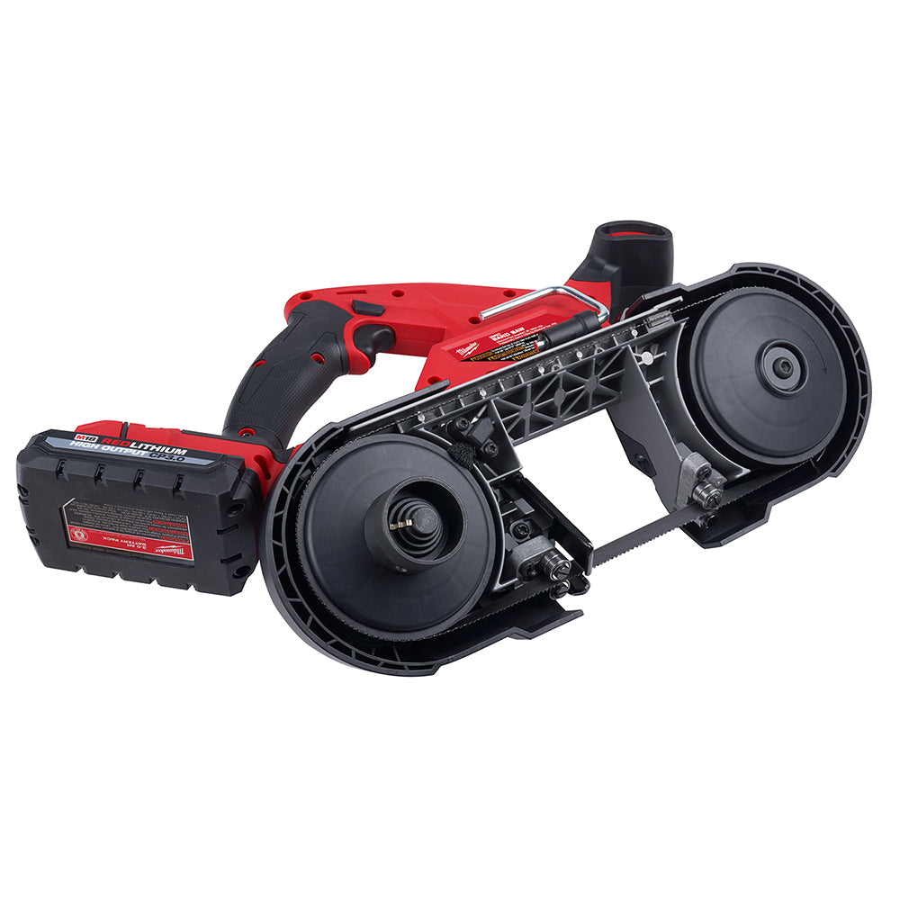 Milwaukee Compact Band Saw Reamer Attachment with red and black housing, dual circular reaming heads, and lithium battery pac