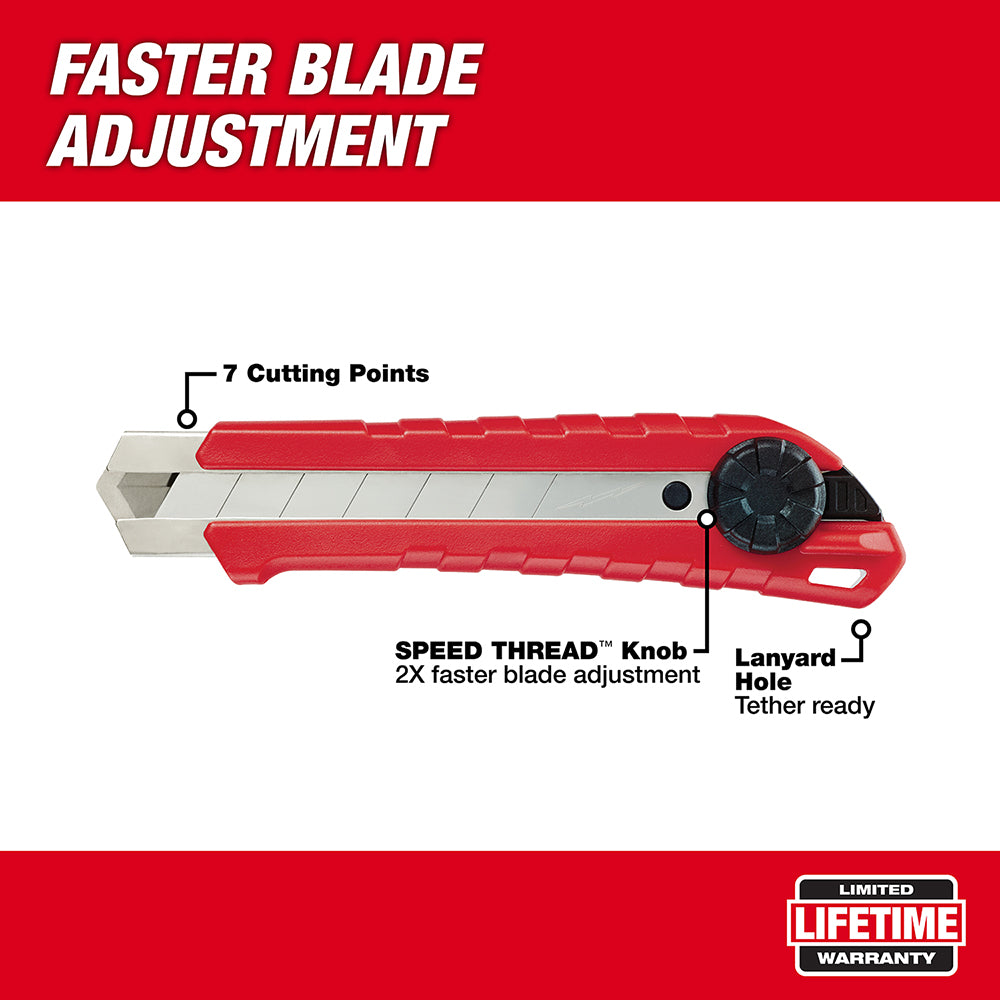Red and white snap-off utility knife with black adjustment knob, seven cutting points on blade, and lanyard hole.
