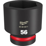 Black Milwaukee Shockwave 56MM 6-point impact socket with red grip ring and hexagonal opening.