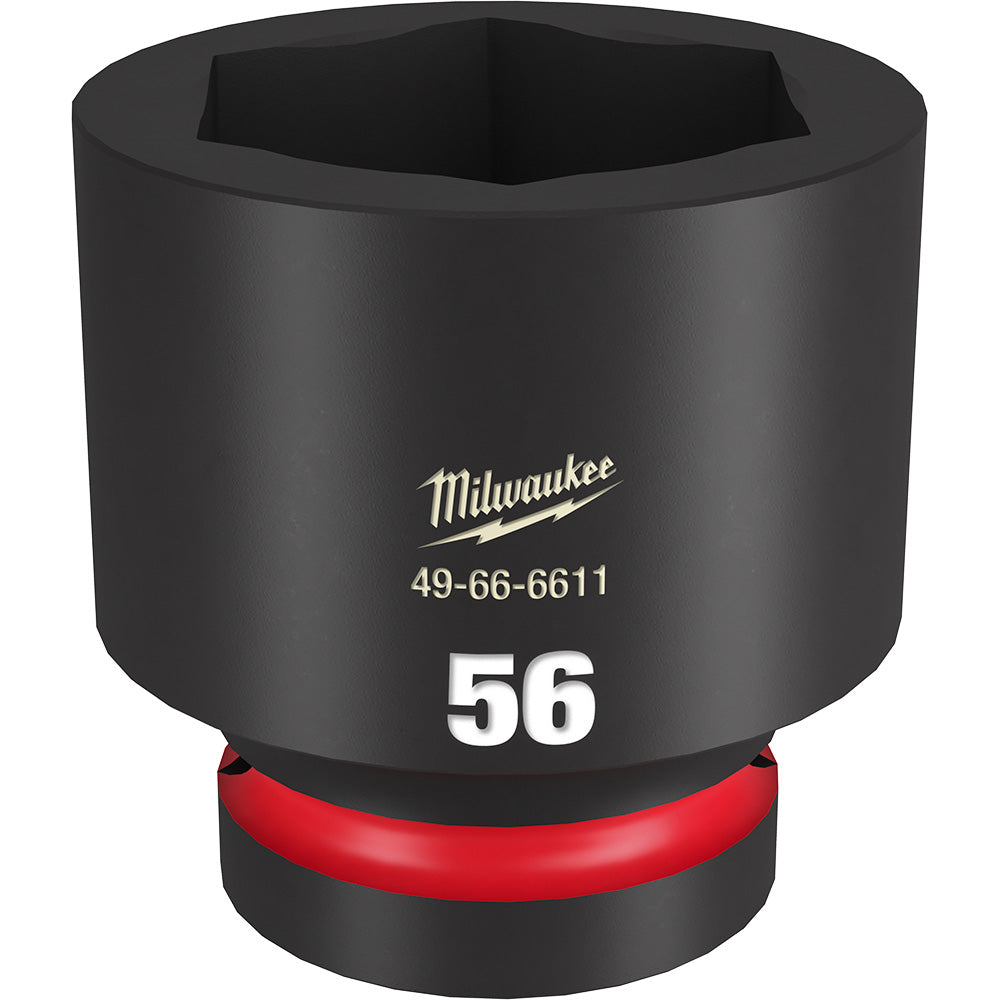 Black Milwaukee Shockwave 56MM 6-point impact socket with red grip ring and hexagonal opening.