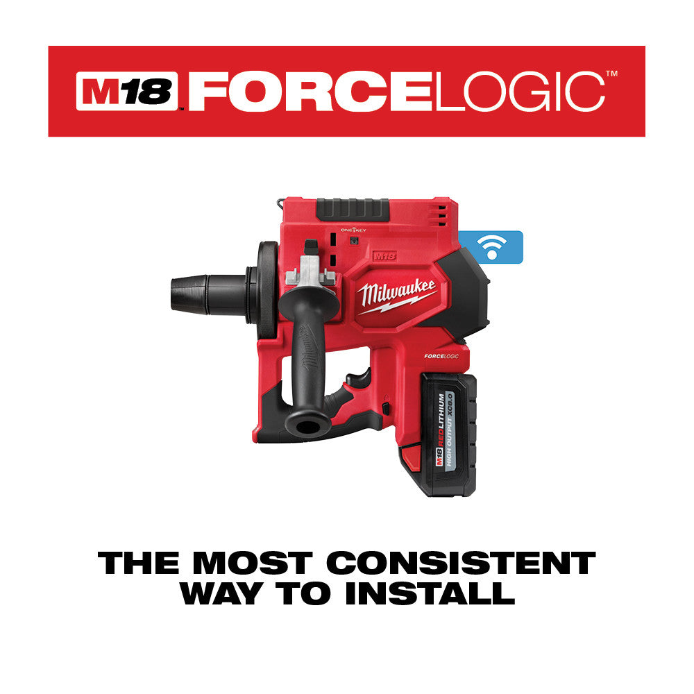 Milwaukee M18 FORCE LOGIC red and black cordless expansion tool with battery attached and expansion head visible.
