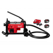 Red and black Milwaukee sewer machine with cable drive, two batteries, charger, and coiled black hose attachment.