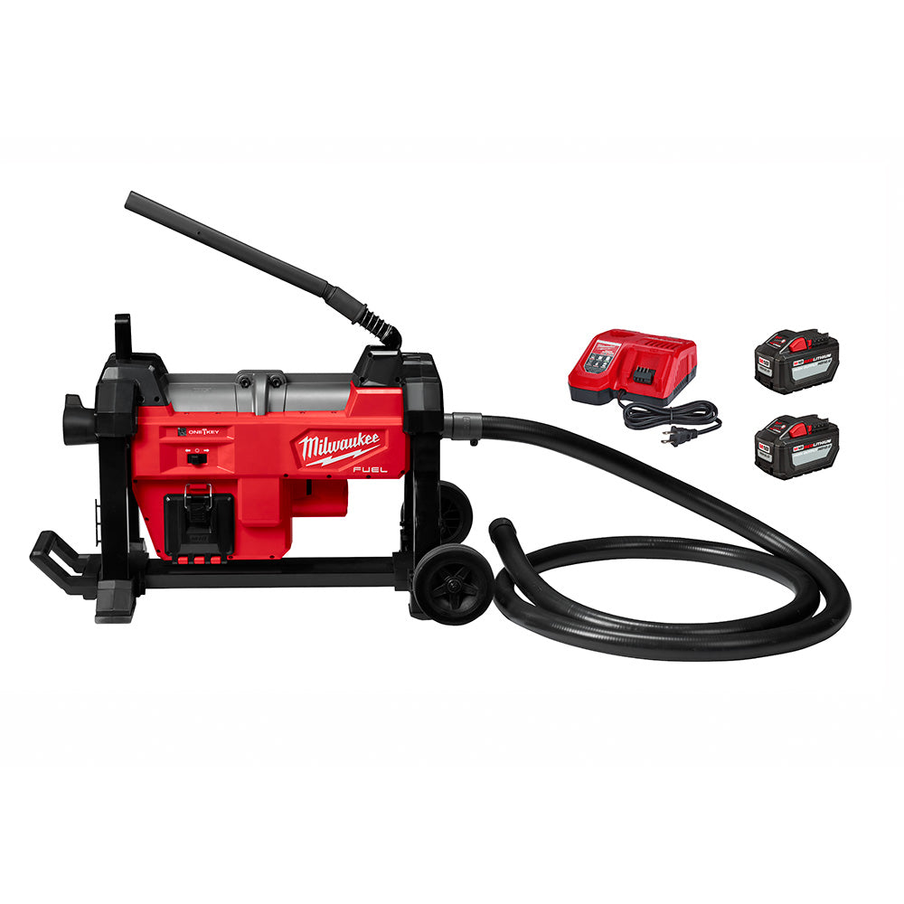Red and black Milwaukee sewer machine with cable drive, two batteries, charger, and coiled black hose attachment.