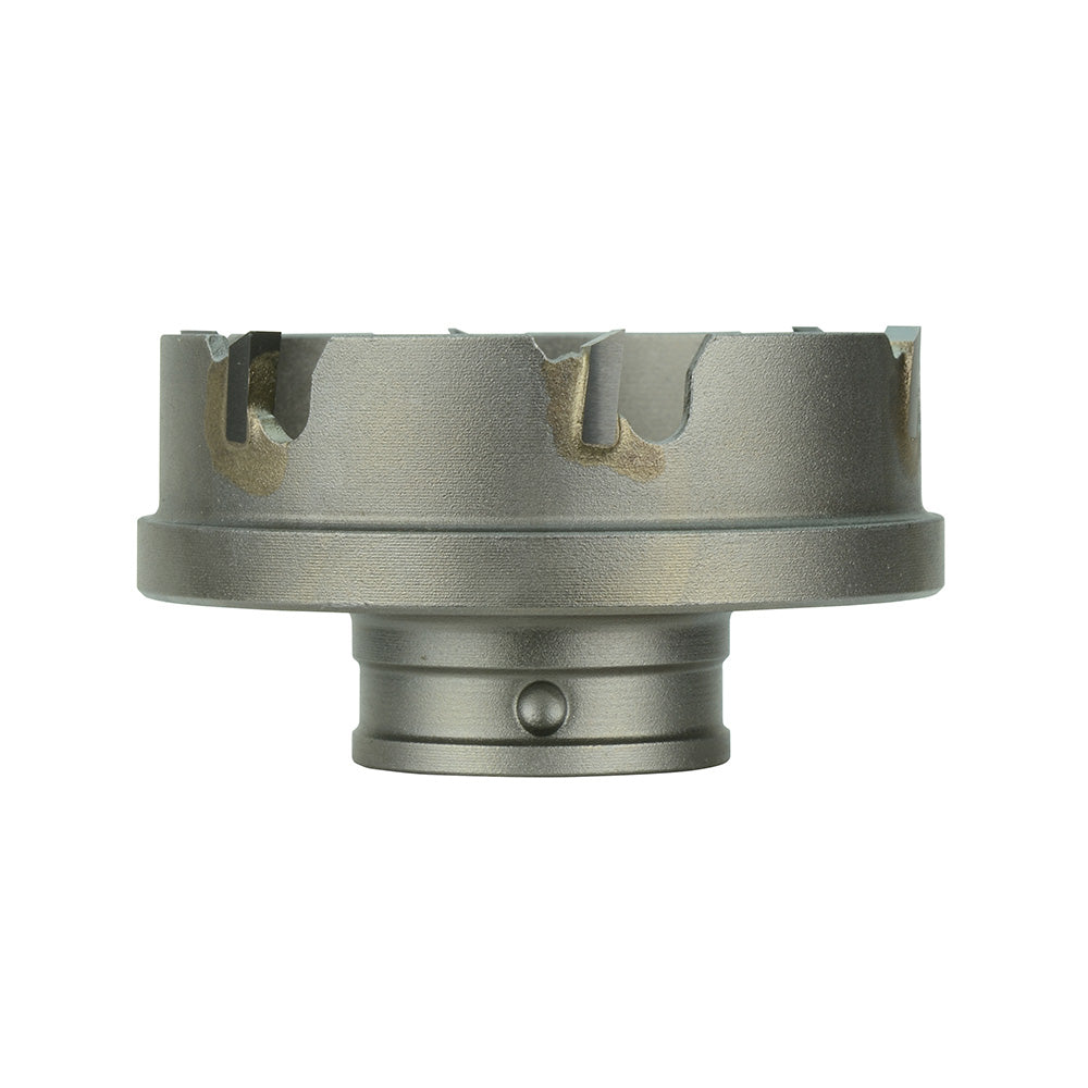 Metallic carbide hole saw with quick change connection and multiple cutting teeth on top edge.