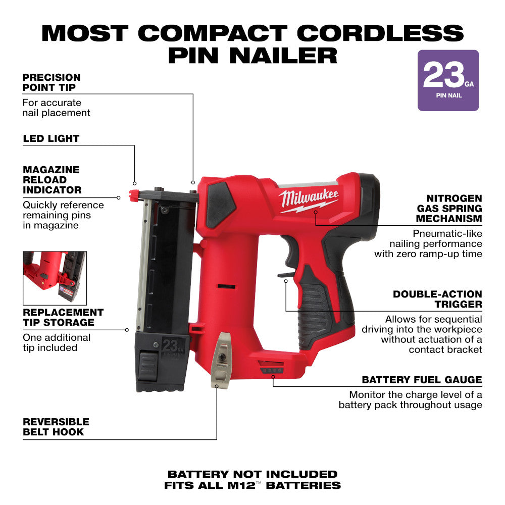 Milwaukee M12 cordless pin nailer with red and black body, LED light, magazine reload indicator, and double-action trigger.