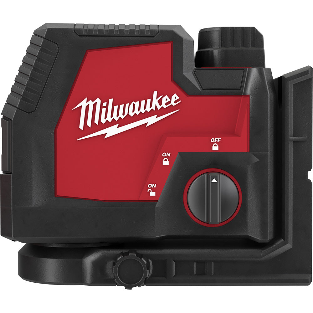 Milwaukee red and black laser level with control buttons and adjustment dial on front face.