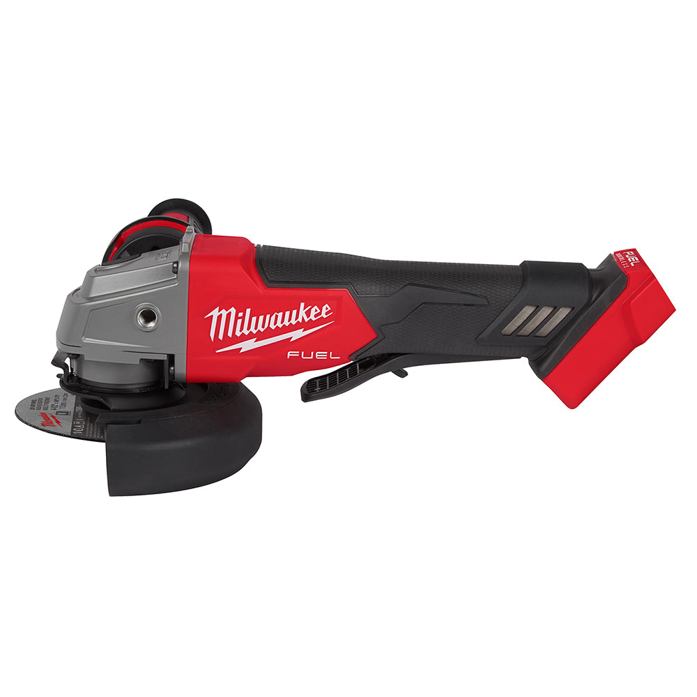Milwaukee M18 FUEL angle grinder with red and black housing, paddle switch, and grinding wheel guard on white background.