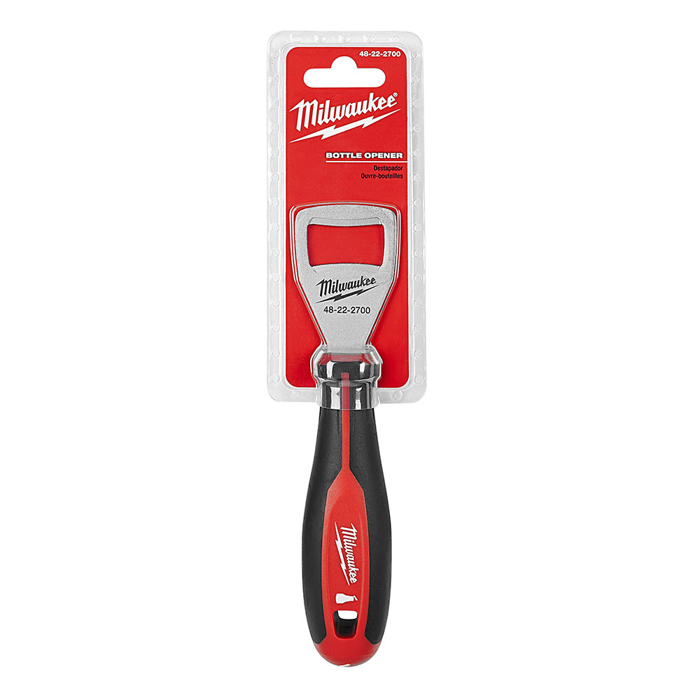 Milwaukee bottle opener with red and black handle, metal head, and model number 48-22-2700 displayed on packaging.