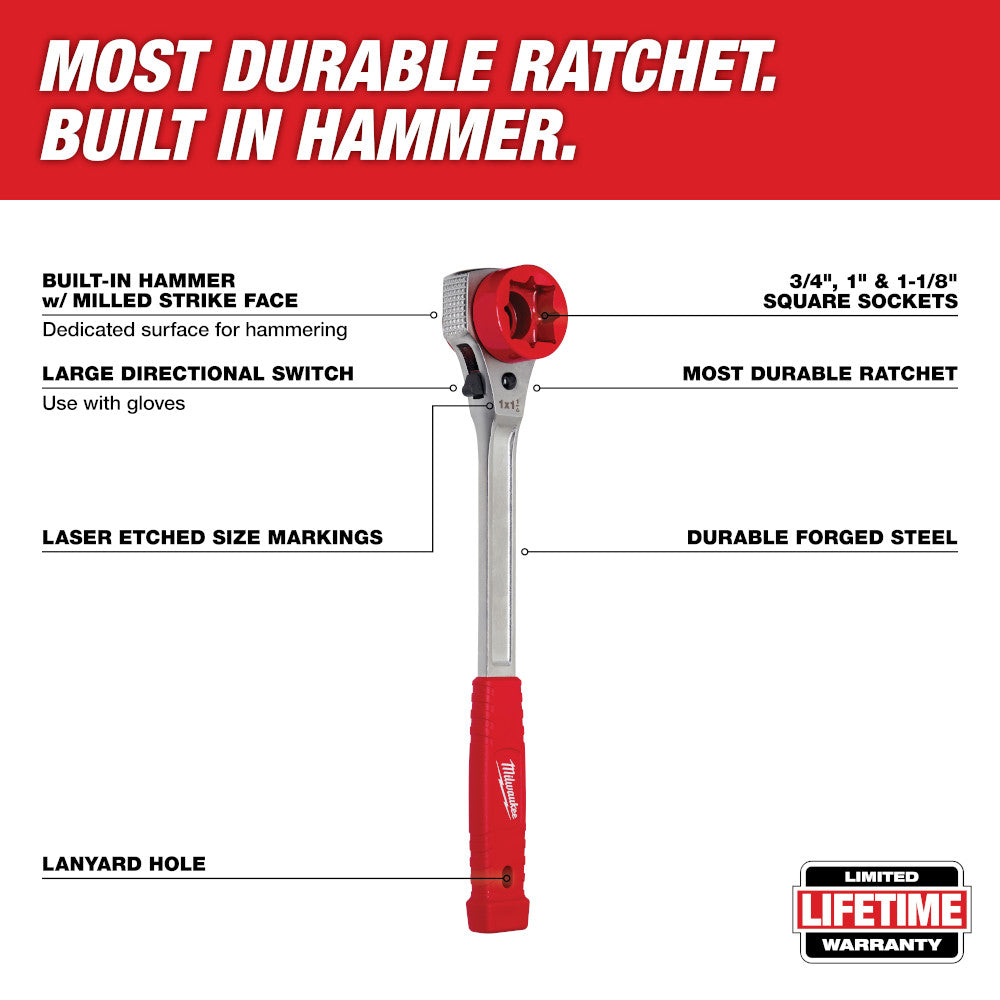 Milwaukee lineman's ratcheting wrench with red hammer head and metal shaft, featuring large directional switch and red grip h