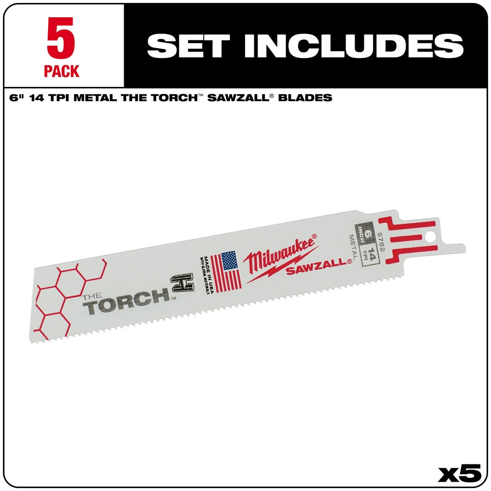 Five Milwaukee The Torch Sawzall blades, 6 inches long with 14 teeth per inch, featuring red and white packaging design.