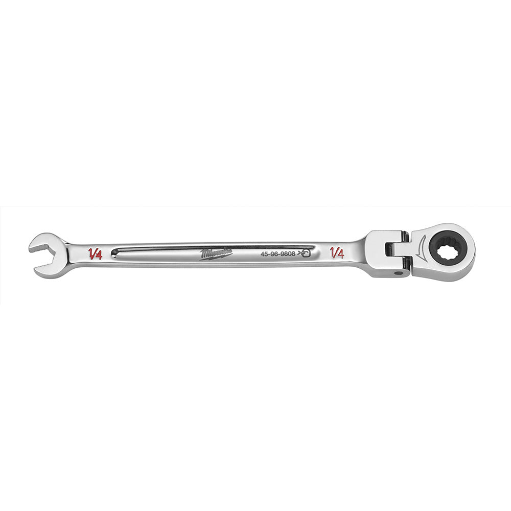 Chrome 1/4" combination wrench with open end on left side and flex head ratchet socket end on right side.