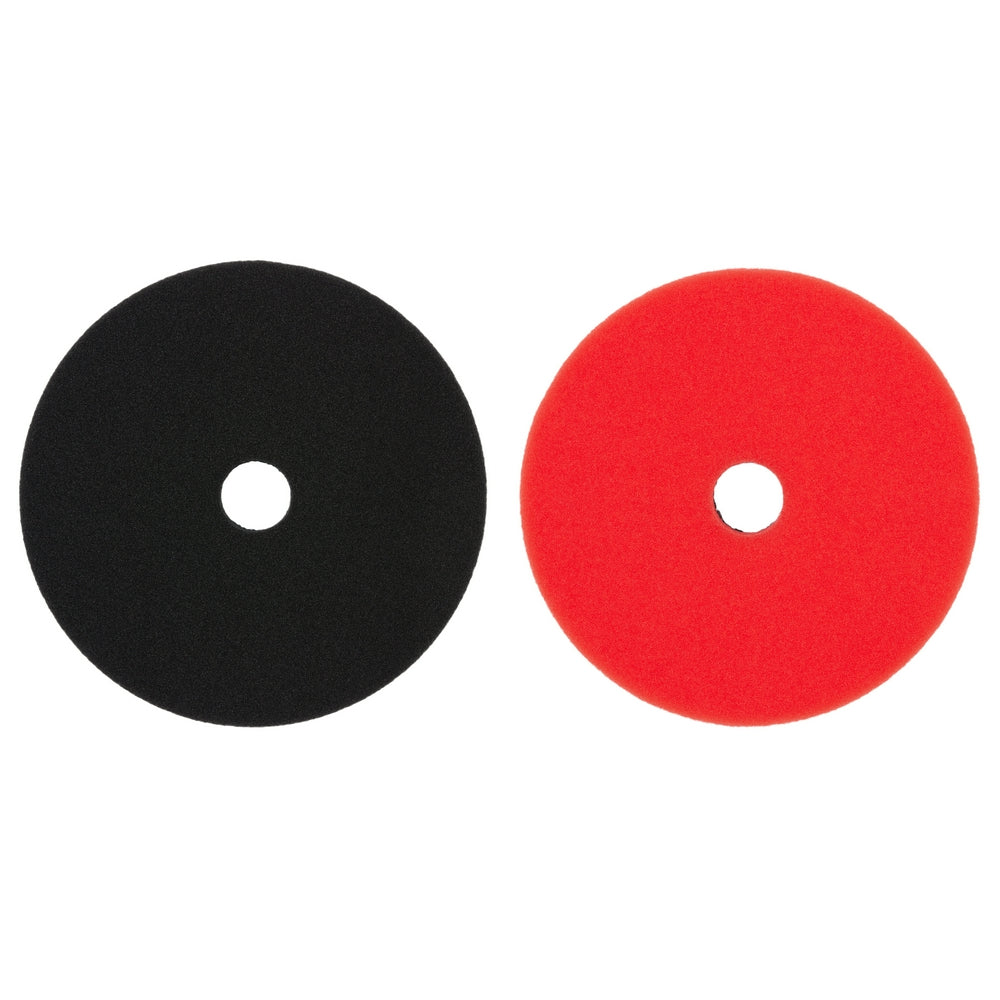 Two 5-inch foam polishing pads, one black and one red, each with a center hole.