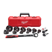 Milwaukee hand ratchet knockout set in red carrying case with multiple black knockout dies and tools.