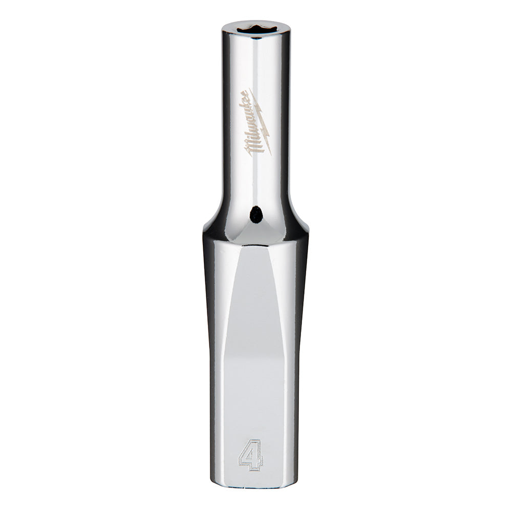 Chrome 1/4" drive deep socket with 4mm hex opening and Milwaukee branding on shaft.