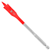 Red and gray Diablo spade bit with flat, wide head and cylindrical metal shaft against white background.