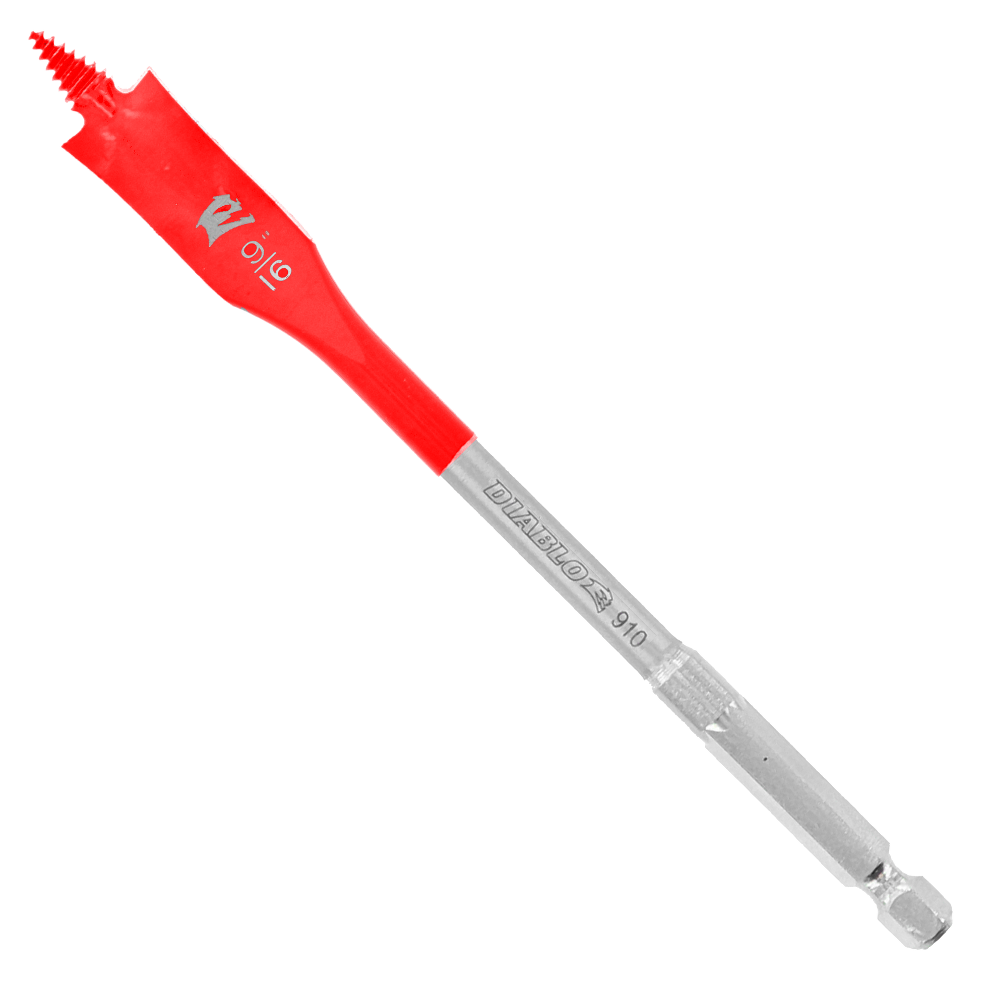 Red and gray Diablo spade bit with flat, wide head and cylindrical metal shaft against white background.