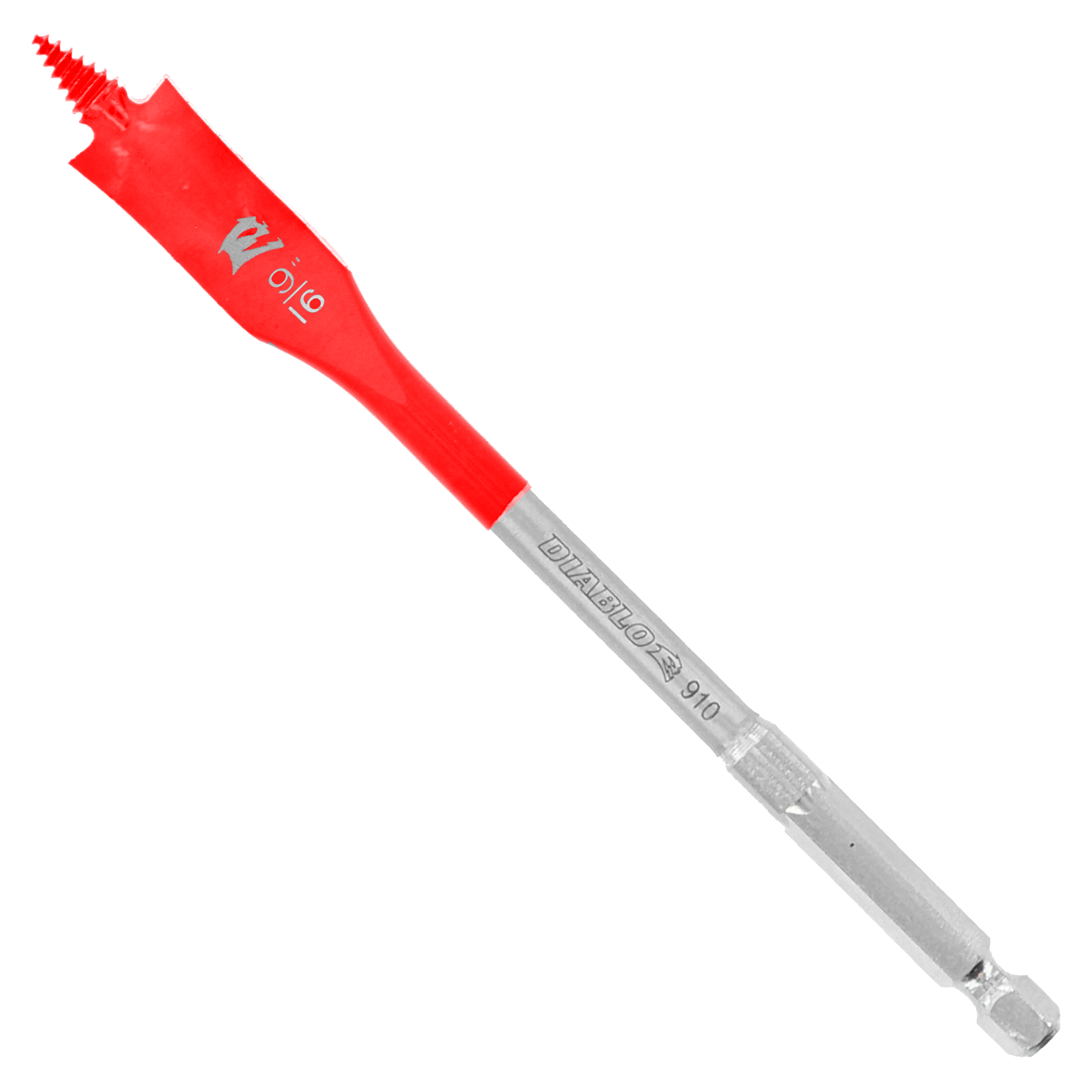 Red and gray Diablo spade bit with flat, wide head and cylindrical metal shaft against white background.