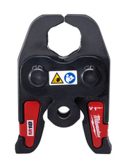 Black and red Milwaukee M18 press jaw attachment with 1-1/4 inch opening and safety warning labels.