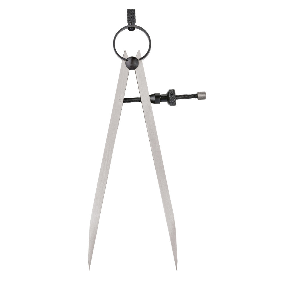 Metal divider with pointed legs, circular top handle, and adjustable screw mechanism for marking measurements.