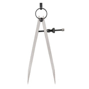 Metal divider with pointed legs, circular top handle, and adjustable screw mechanism for marking measurements.