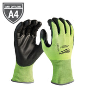 High-visibility work gloves with lime-green knit exterior, black polyurethane-dipped palm and fingers, ANSI Cut Level A4 rati