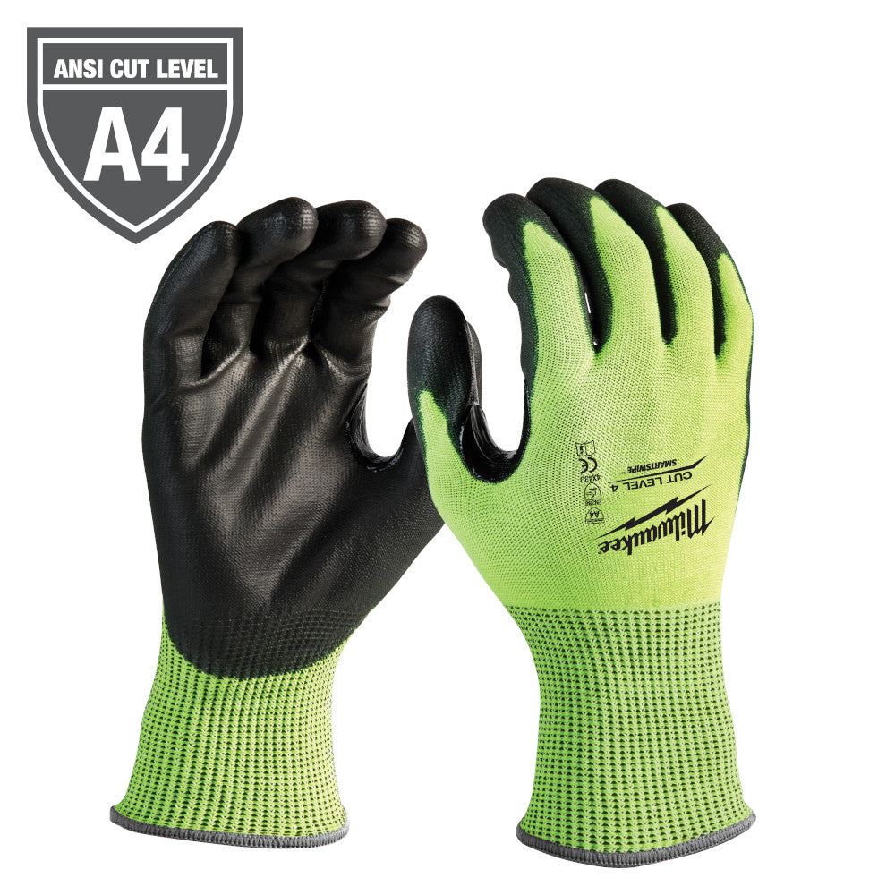 High-visibility work gloves with lime-green knit exterior, black polyurethane-dipped palm and fingers, ANSI Cut Level A4 rati