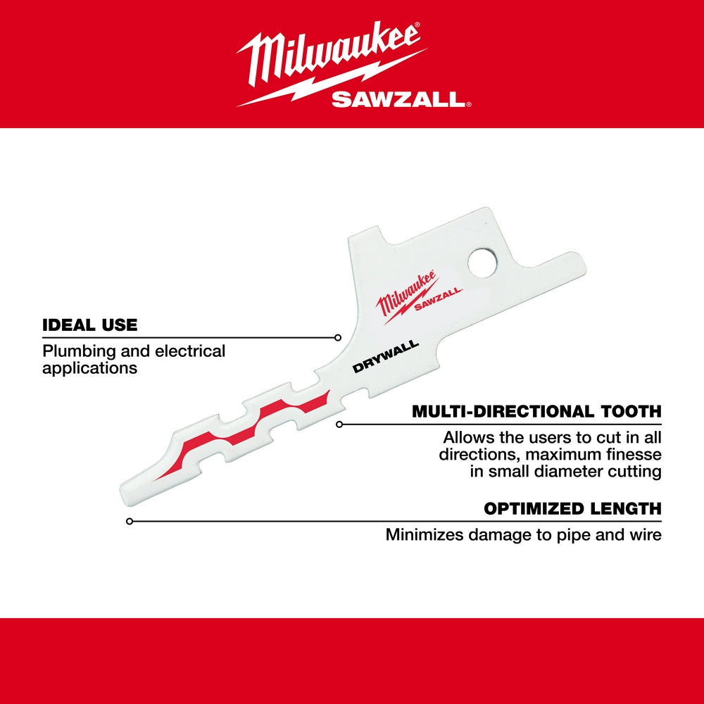 Milwaukee SAWZALL drywall access blade with multi-directional red teeth and mounting hole.