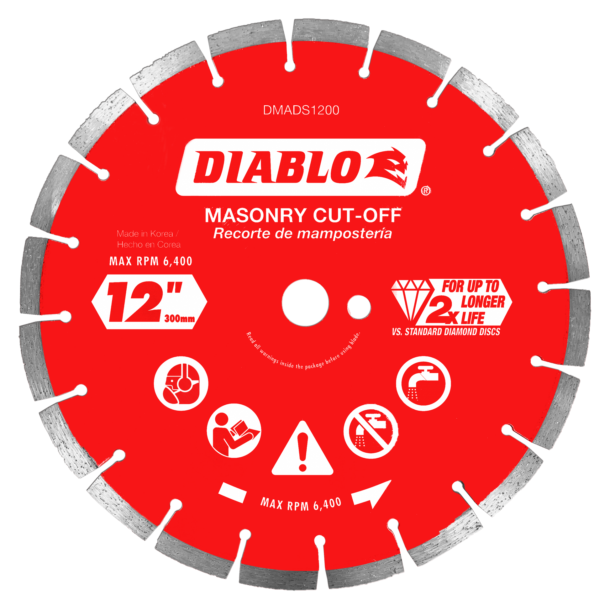 12-inch red diamond segmented cut-off disc with gray diamond teeth around the rim for masonry cutting.