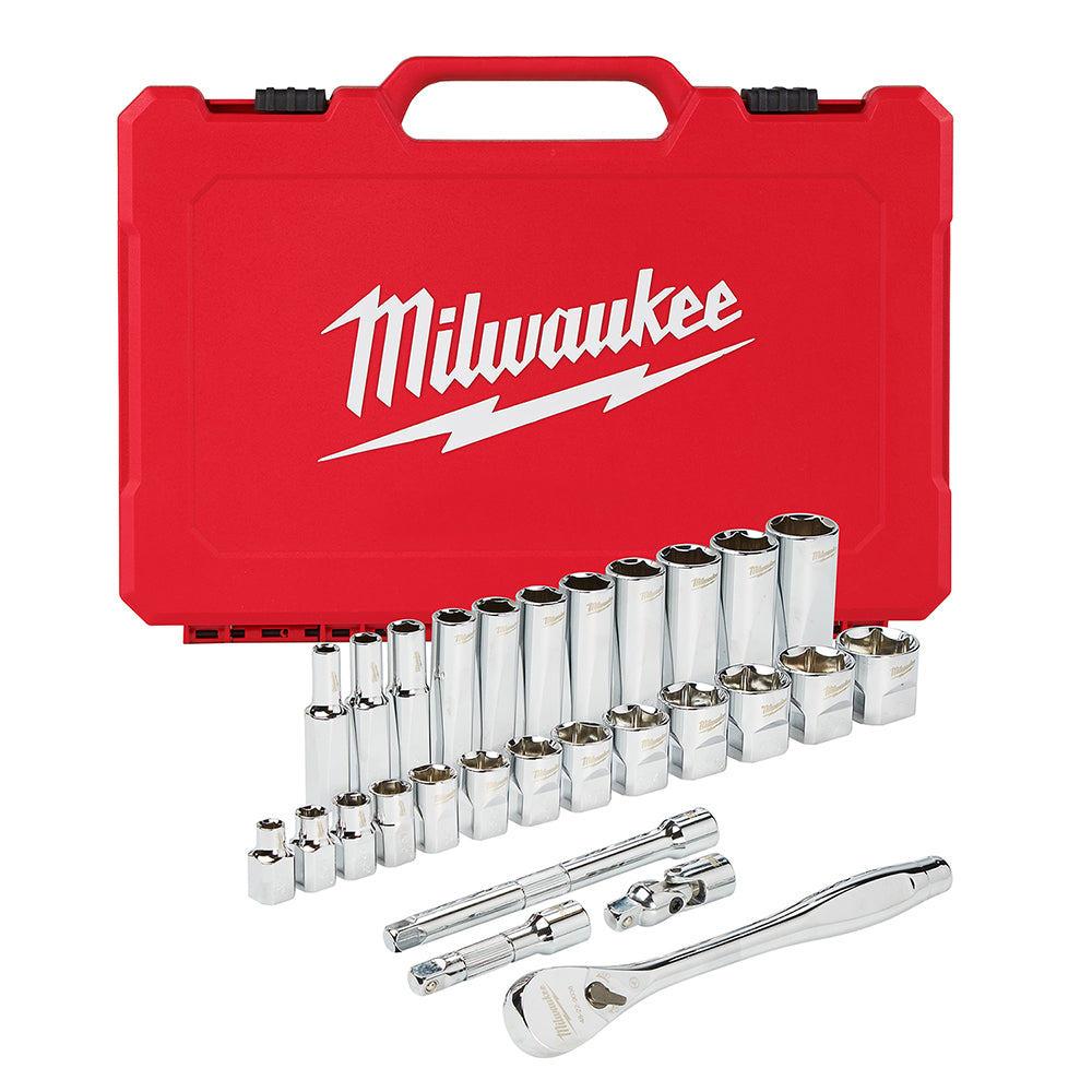 Milwaukee 3/8 in. drive ratchet and socket set with 28 SAE sockets and accessories in red carrying case.
