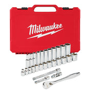 Milwaukee 3/8 in. drive ratchet and socket set with 28 SAE sockets and accessories in red carrying case.