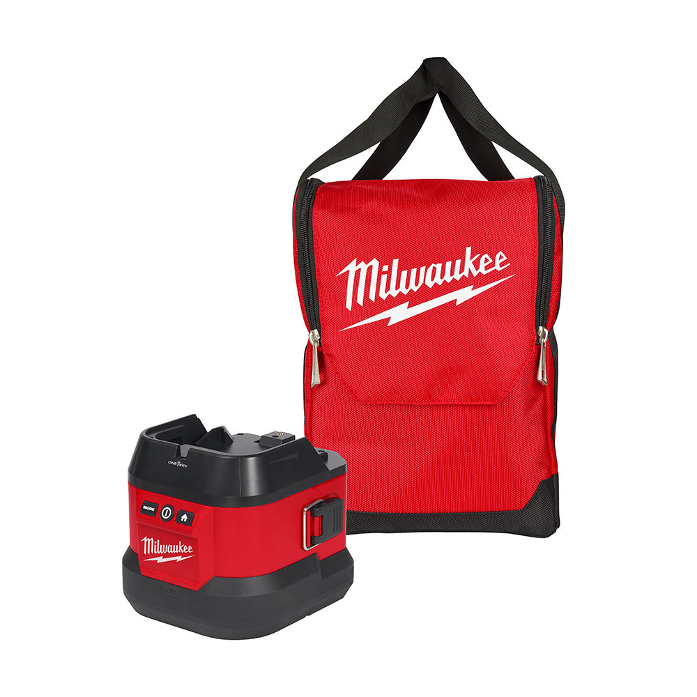 Red and black Milwaukee search light with control panel next to red carry bag with black handles.
