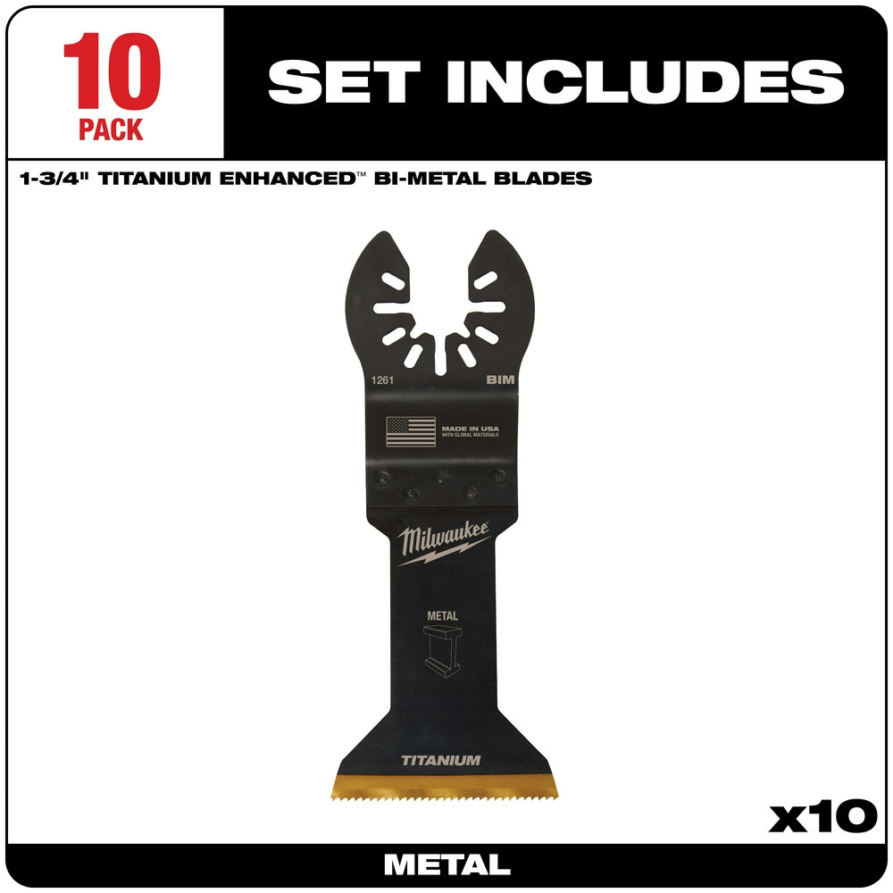 Milwaukee OPEN-LOK 1-3/4" titanium enhanced bi-metal oscillating saw blade with serrated cutting edge, pack of 10.