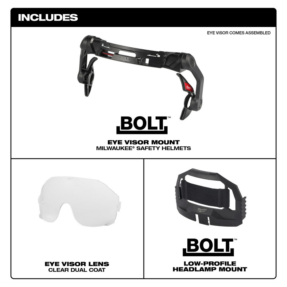 Milwaukee BOLT eye visor with clear dual coat lens and black helmet mount assembly shown assembled and disassembled.