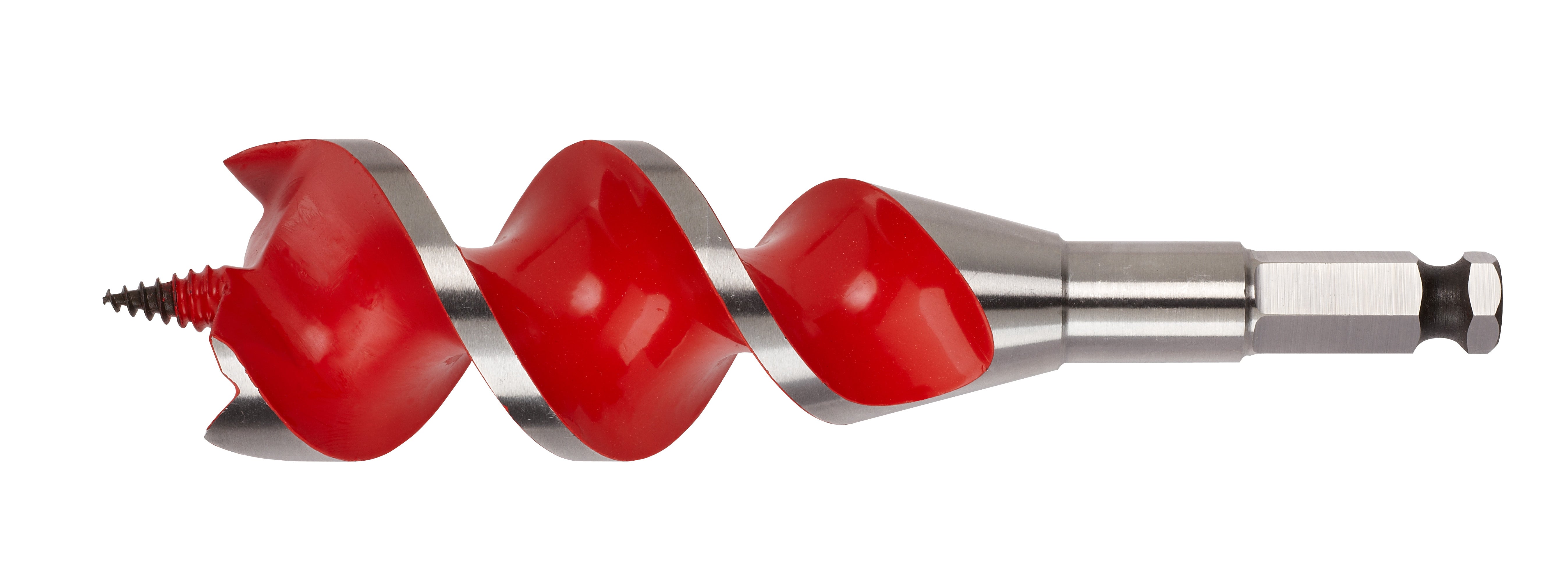 Red and silver auger bit with spiral flutes and pointed tip for wood boring.